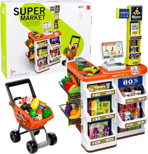 Children’s supermarket with cash register, scanner and shopping cart (approx. 60 pieces)