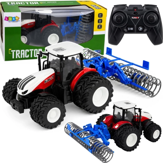 RC traktors ar pievienojamu lauksaimniecības veltni 1:24, sarkans, ar gaismām