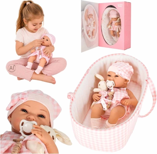 Baby doll 38 cm with a portable carrycot and plush bunny (pink)
