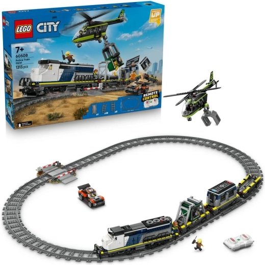 LEGO City Laupīšana policijas vilcienā – attālināti vadāms vilciena komplekts ar helikopteru un minifigūrām