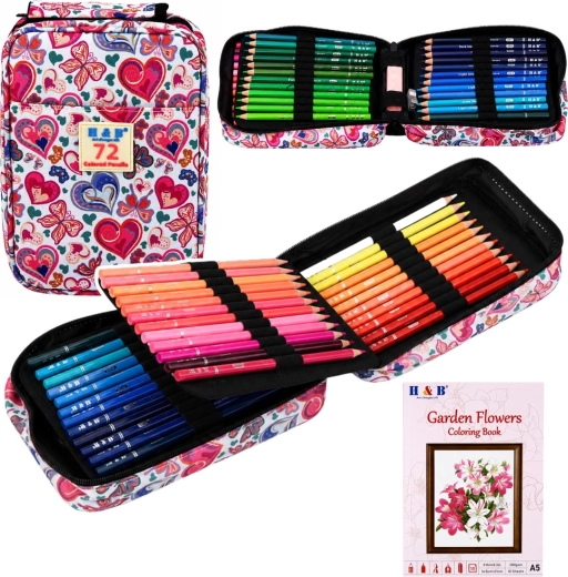 Three-compartment pencil case with 72 colored pencils, sharpener, eraser and flower coloring book