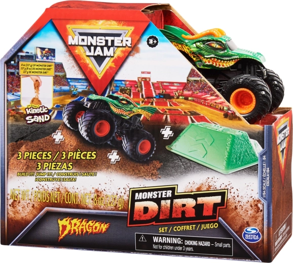 Monster Jam Dragon – metāla monster truck 1:64 ar lēcienu rampu un smiltīm