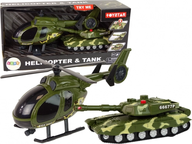 Militārais komplekts – tanks ar inerces piedziņu un helikopters