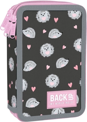 Three-compartment school pencil case with supplies BackUP Sweet hedgehogs