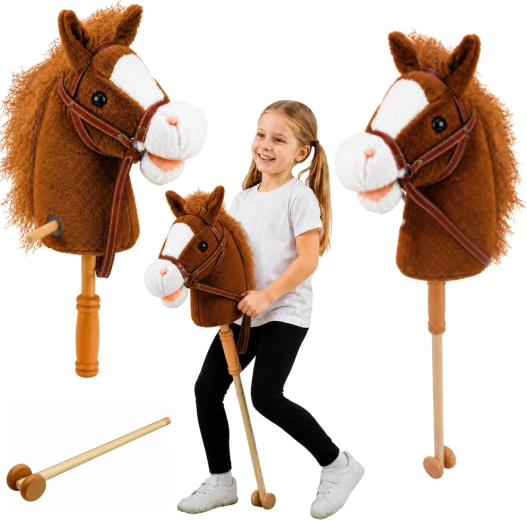 Brūns hobby horse uz kāta ar koka rokturi, auļošanas un zviegšanas skaņas, 100 cm