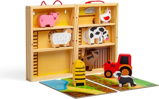 Bigjigs Toys pārnēsājama koka ferma kastītē ar dzīvniekiem un traktoru