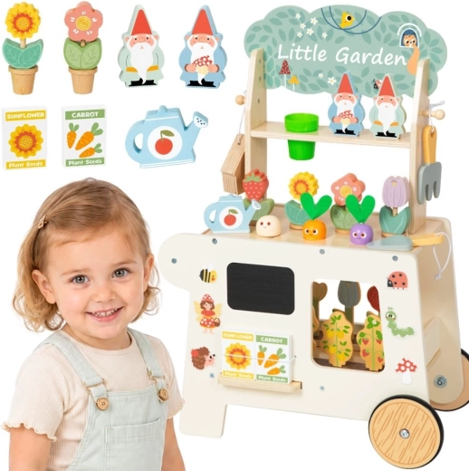 TOOKY TOY Montessori koka dārza ratiņi ar veikaliņu, 57 detaļas