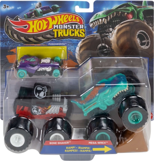 Mattel Hot Wheels monster trucki — komplekts ar 2 monster truckiem, rampu un Hot Wheels auto