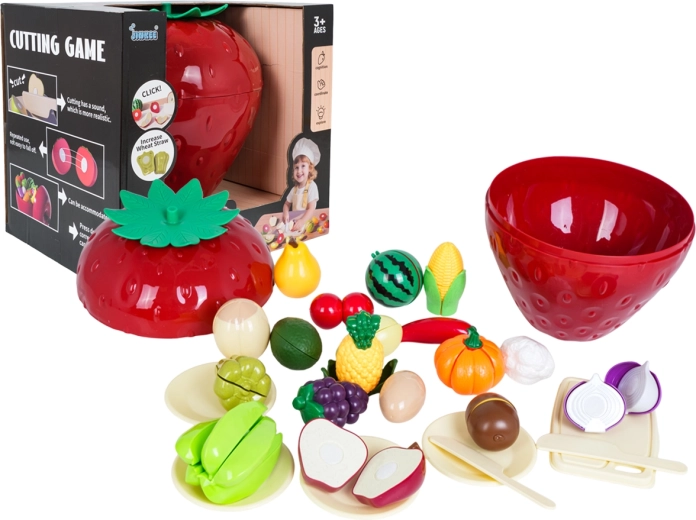 Fruit and vegetable cutting set in a strawberry-shaped box with accessories