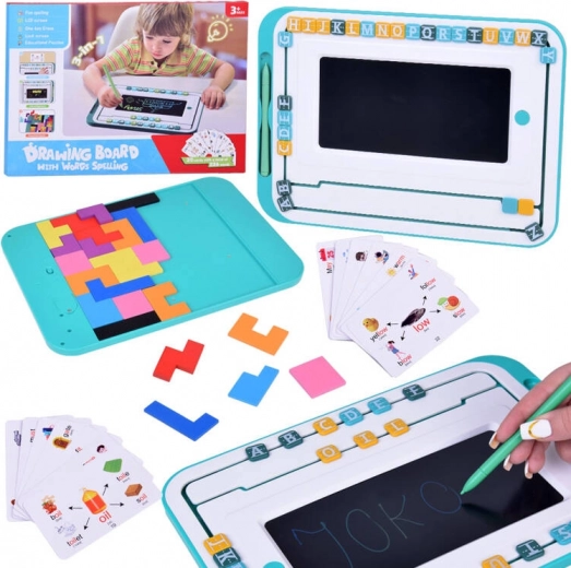 Izglītojošais komplekts 3 vienā: LCD planšete un kartītes angļu valodas apguvei
