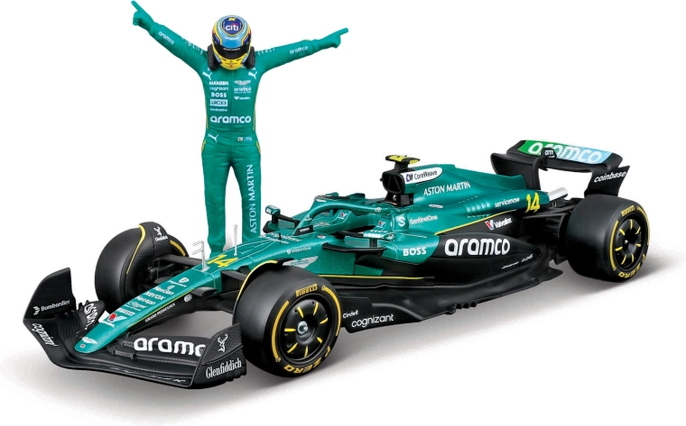 Bburago Formulas 1 modelis Aston Martin AMR25 2025 ar braucēja figūriņu Fernando Alonso (Nr. 14) 1:24
