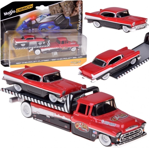 Maisto metāla komplekts 1:64 – evakuators CHEVROLET Flatbed 1957 un CHEVROLET Bel Air
