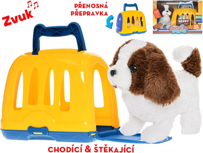 Plush puppy in carrier, walking and barking, 19 cm
