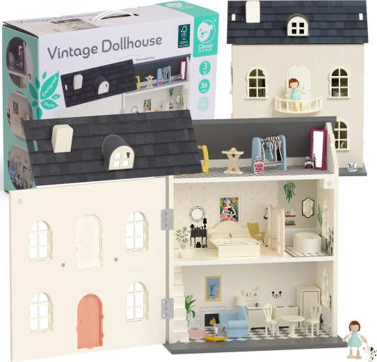 Classic World Vintage Wooden Dollhouse with Accessories, 36 Pieces
