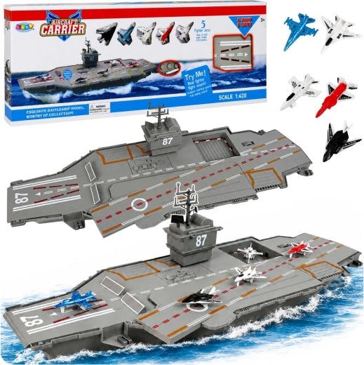 Military aircraft carrier with lights, sounds and 5 fighter jets