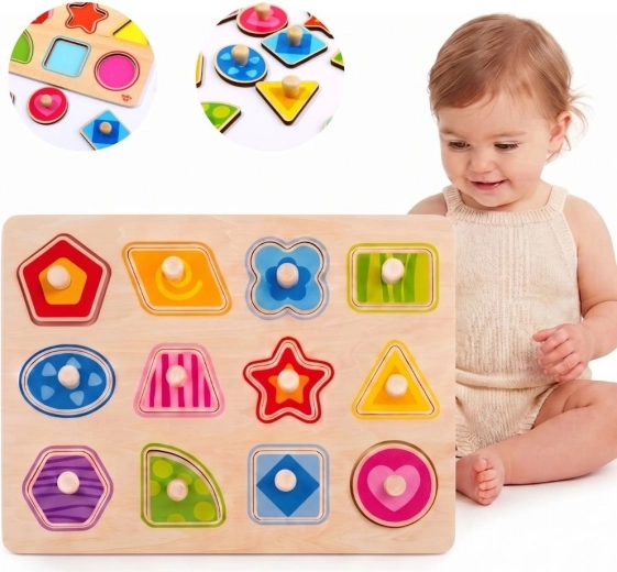 Tooky Toy Montessori koka ieliekamā puzle ar formām un rokturiem - 1 gab.