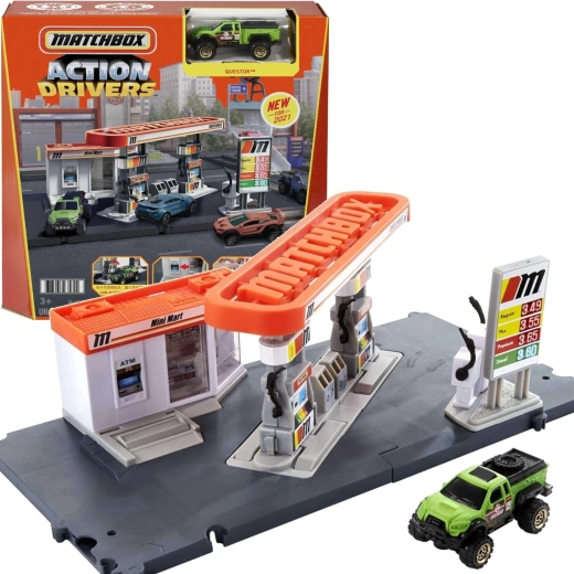 Matchbox Action Drivers degvielas uzpildes stacija ar automašīnu Questor