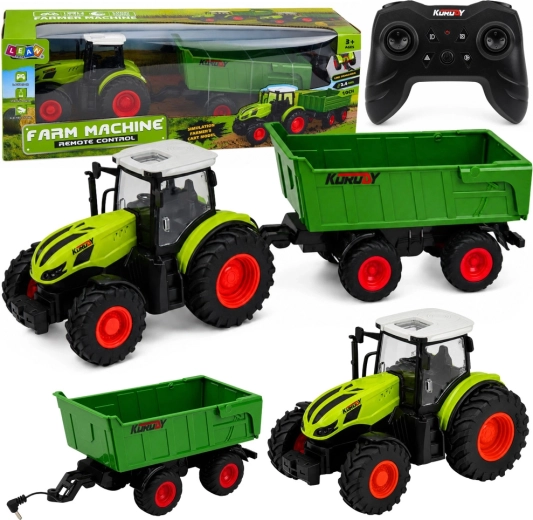 RC lauksaimniecības traktors ar apgāžamu piekabi 1:24 ar LED gaismām