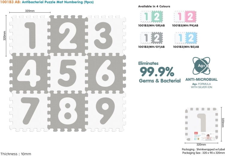 Antibacterial foam puzzle mat with numbers, 9 pcs, grey–white, EVA, 10m+