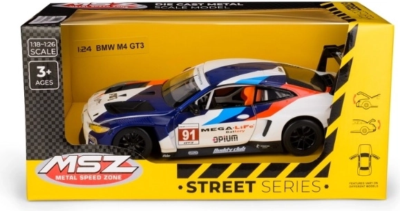 BMW M4 GT3 Racing Car Model in 1:24 Scale, Blue and White