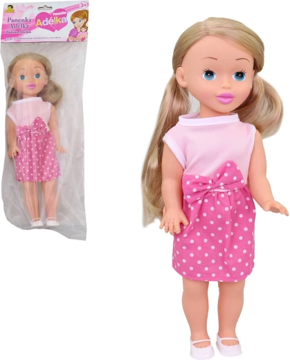 Leļle Adélka 34 cm rozā vasaras tērpā ar punktainiem svārkiem