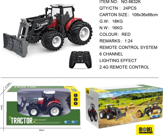 Ar tālvadību vadāms traktors ar kausu 1:24, sarkans