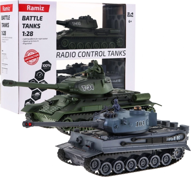 Tālvadības tanki T-34 pret Tiger mērogā 1:28 – kaujas komplekts 2,4 GHz