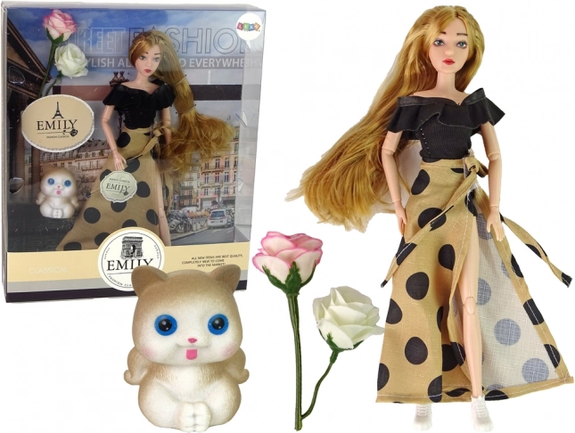 Cloth Doll Emily with Kitten and Roses, Long Hair