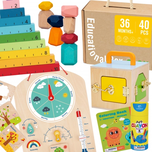 Tooky Toy Montessori izglītojošā kaste 6 vienā: slēdzamā kaste, līdzsvarošanas akmeņi, laikapstākļu tāfele, skaitīšana 1–10, krāsojamās lapas un grāmatiņa