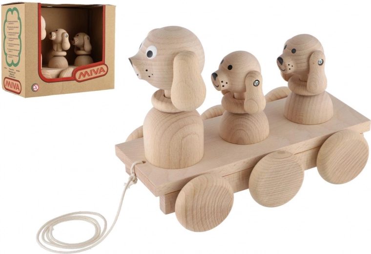 Pull-along wooden toy three dogs 22 cm