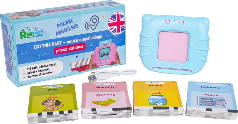 Blue educational card reader for learning English and Polish