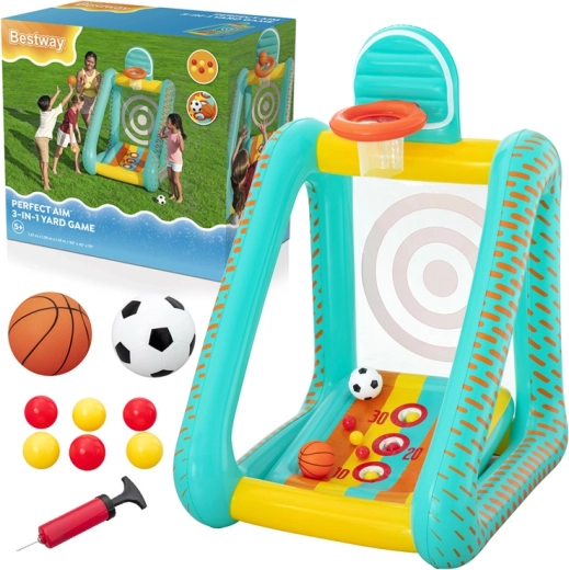 Bestway piepūšamais rotaļu centrs bērniem 3-in-1 – basketbols, futbols un mērķis 127 × 109 × 178 cm
