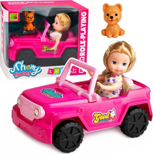 Mini lelle rozā apvidus kabrioletā ar suni