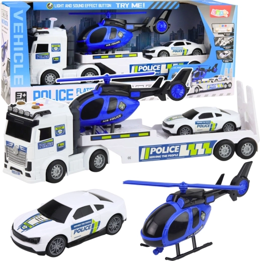Police transport truck with car carrier, car and helicopter with lights and sounds