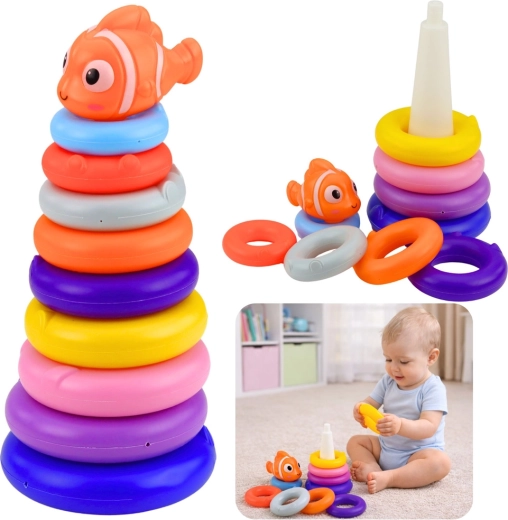 Educational stacking tower of colorful rings with a fish, 10 pieces