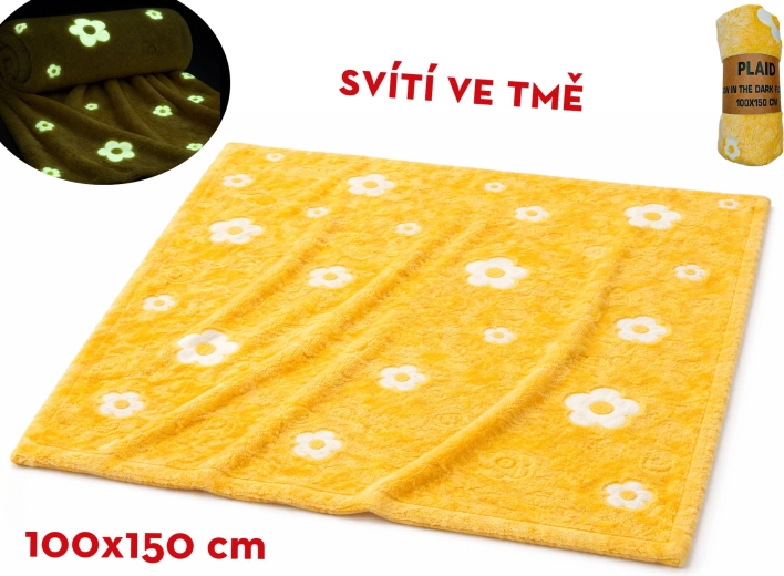 Glowing plush blanket with floral pattern 100 × 150 cm yellow