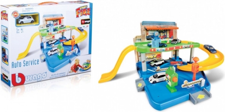 Bburago Street Fire garāža ar autoservisu un automašīnīti 1:43
