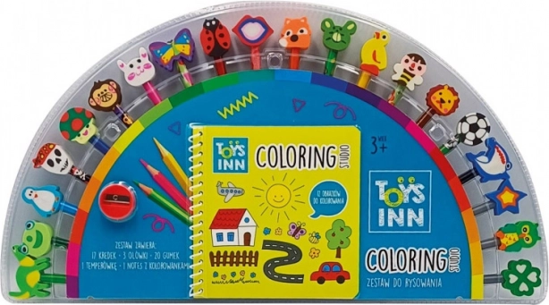 Colored pencils with erasers and coloring book