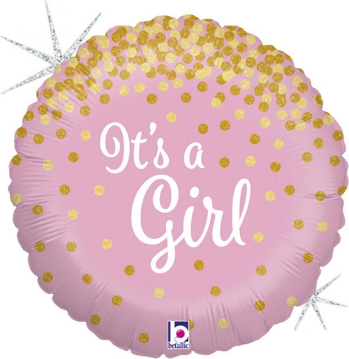 Grabo folijas balons “Tā ir meitene!” rozā 46 cm ar zelta konfeti – 1 gab.
