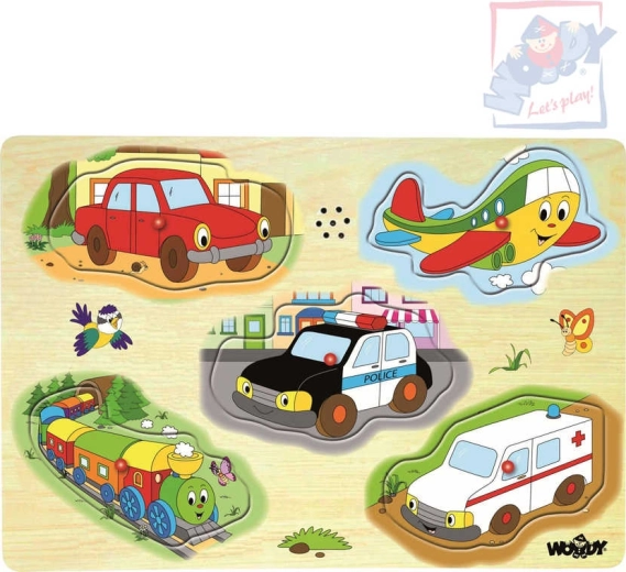 Woody koka skaņas puzle transportlīdzekļi, 5 detaļas