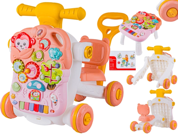 Interactive multifunctional 4-in-1 baby walker with ride-on and educational activity table – pink