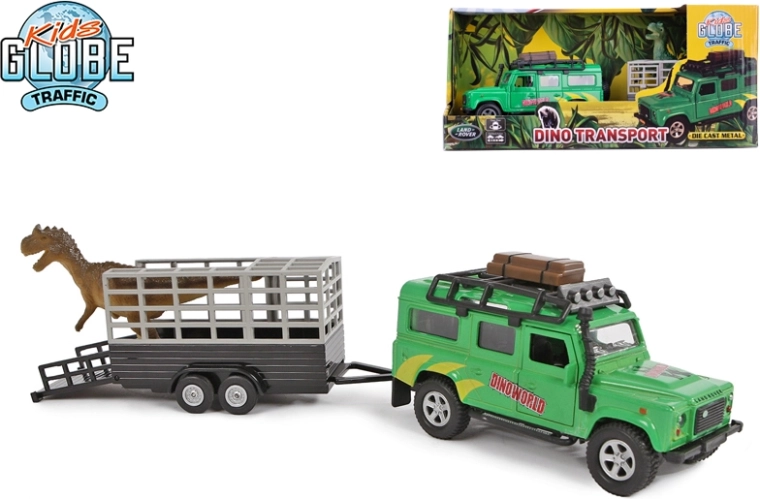 Kids Globe Traffic apvidus auto LAND ROVER ar piekabi un dinozauru 28 cm, metāls, ar atvilkšanas (pull-back) mehānismu