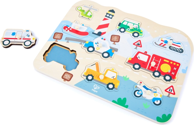Wooden Peg Puzzle with Emergency Vehicles
