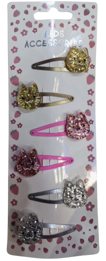 Pink set of glitter hair clips with cats, 6 pcs