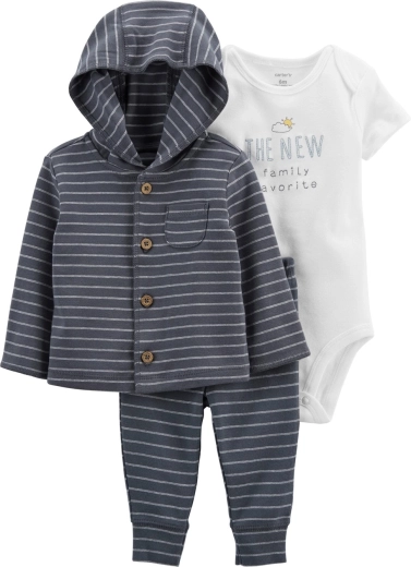 CARTER'S 3 daļīgs komplekts: džemperis, sporta bikses un bodijs ar īsām piedurknēm zēniem Grey stripes – PRE, izm. 46