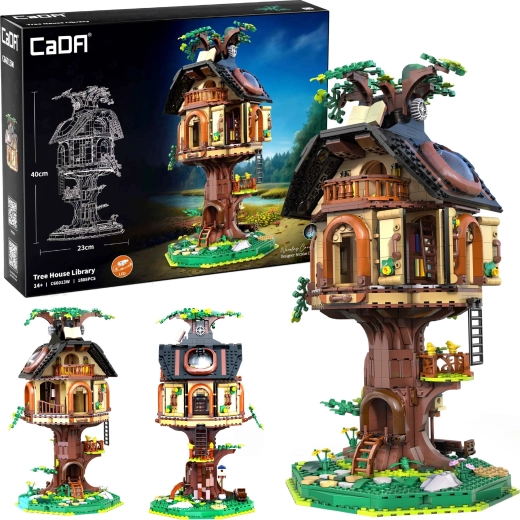 CADA Tree House Library būvkomplekts – bibliotēka koku mājiņā ar LED apgaismojumu, 1808 detaļas