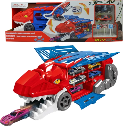 Transformējošs dinozaurs 2v1 ar garāžu un katapultu