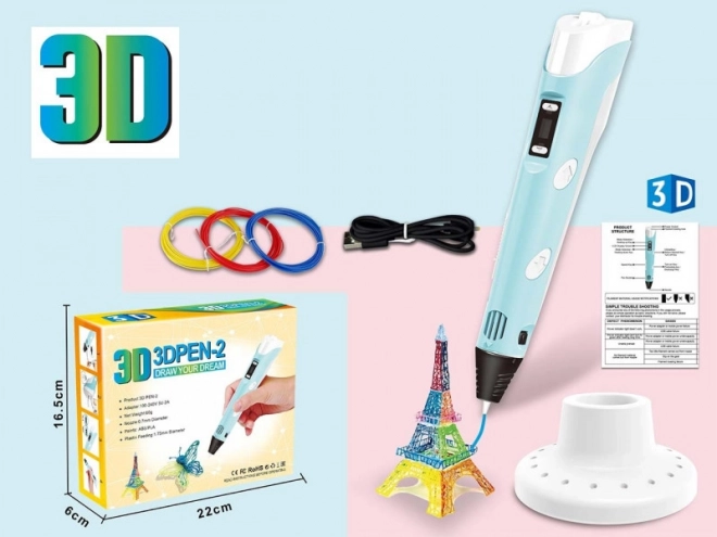 3D pildspalvas komplekts ar filamentiem un USB barošanas kabeli