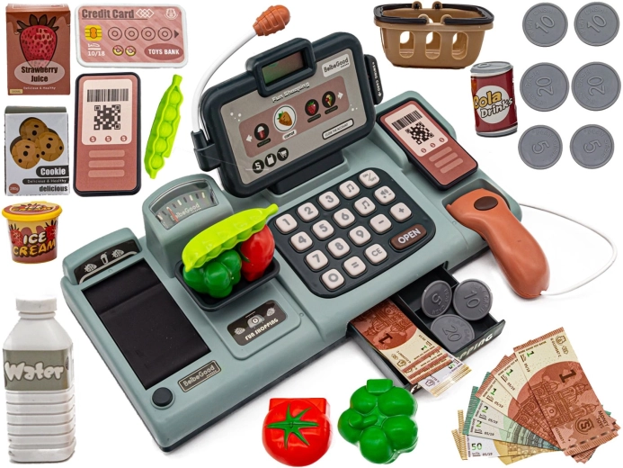 Educational kids’ cash register for playing shop with microphone, scale, basket and accessories
