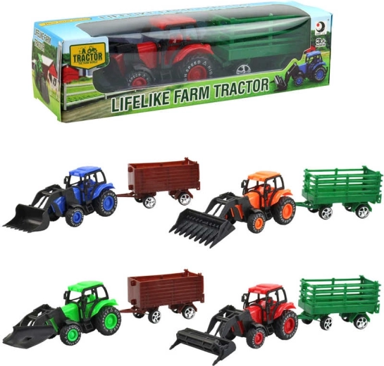 Lauku traktors ar priekšējo iekrāvēju un piekabi 9 cm kastītē - 1 gabals